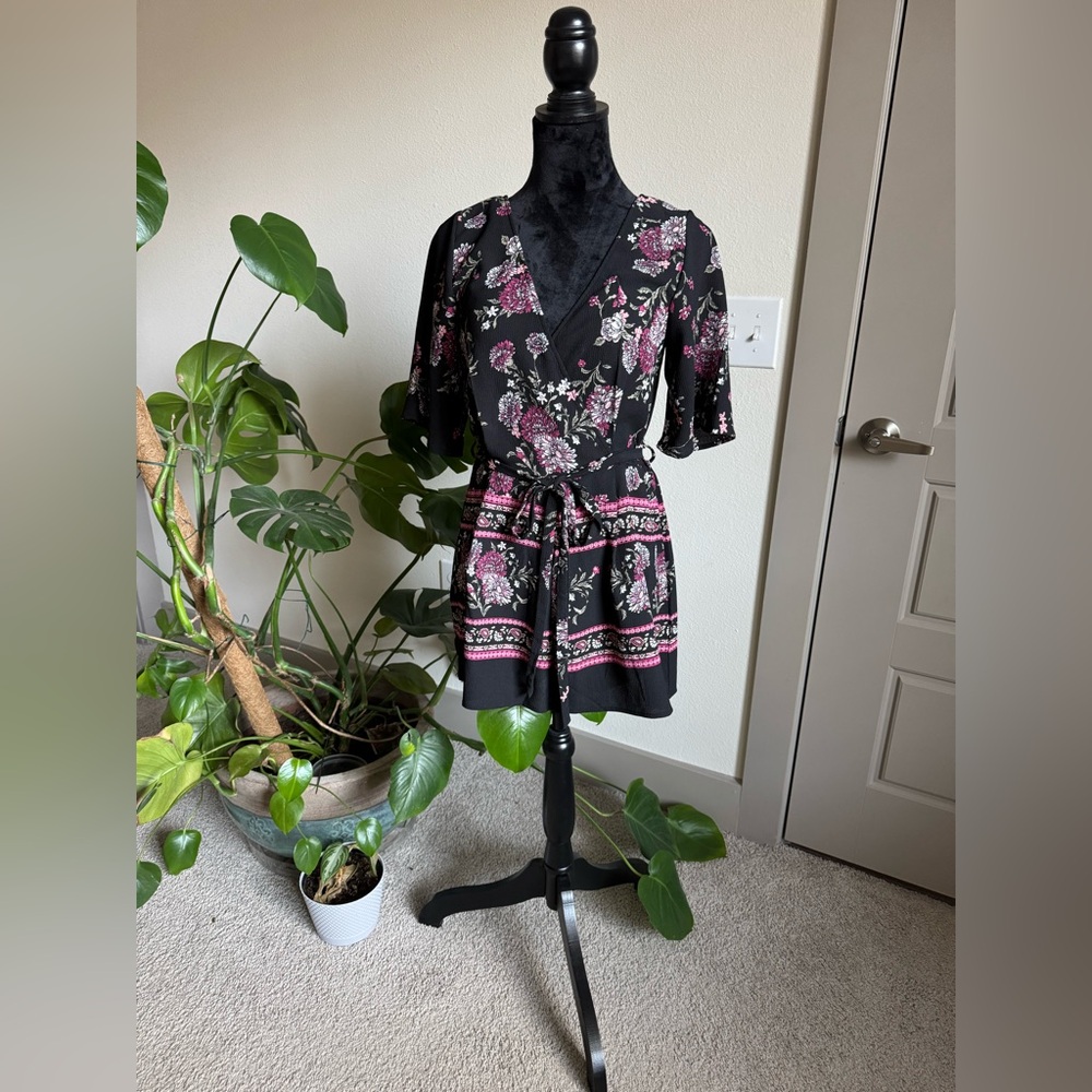 Black and Pink Floral Short Romper